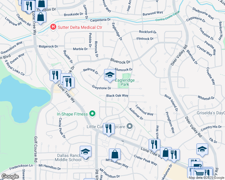 map of restaurants, bars, coffee shops, grocery stores, and more near 616 Greystone Drive in Antioch