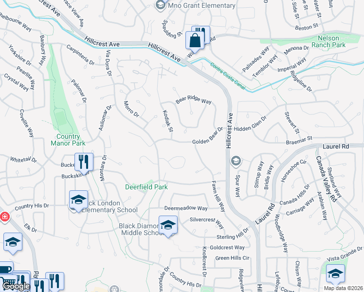 map of restaurants, bars, coffee shops, grocery stores, and more near 4572 Wildcat Circle in Antioch