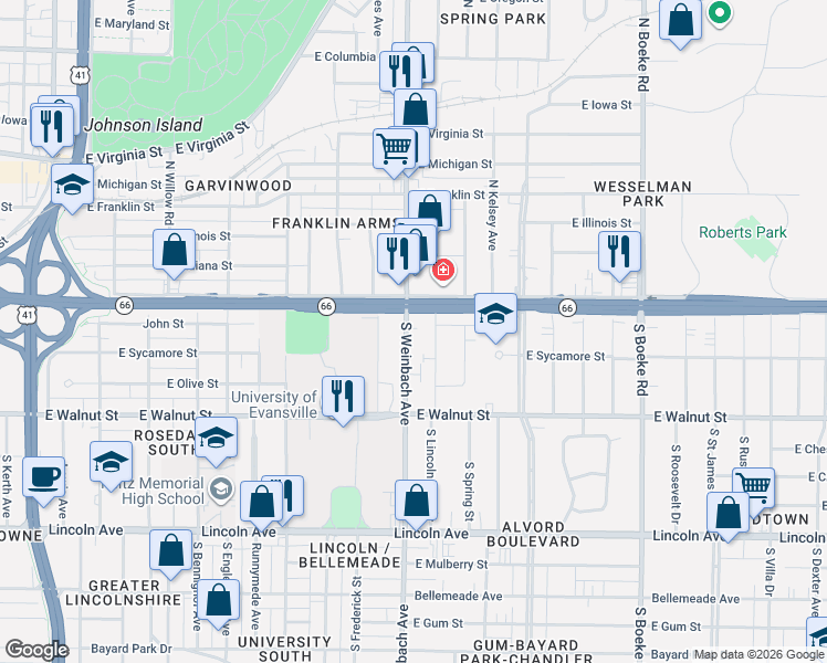map of restaurants, bars, coffee shops, grocery stores, and more near 121 South Weinbach Avenue in Evansville