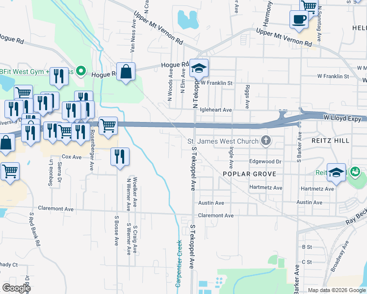 map of restaurants, bars, coffee shops, grocery stores, and more near 406 South Elm Avenue in Evansville