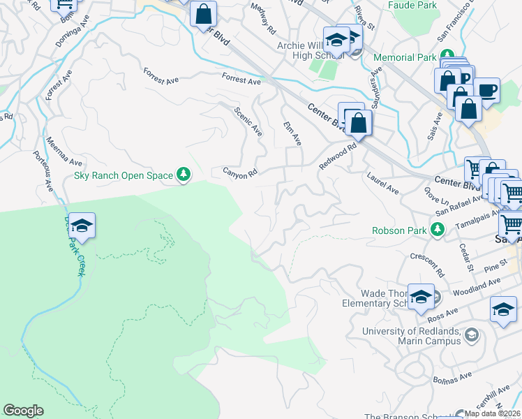 map of restaurants, bars, coffee shops, grocery stores, and more near 118 Allyn Avenue in San Anselmo