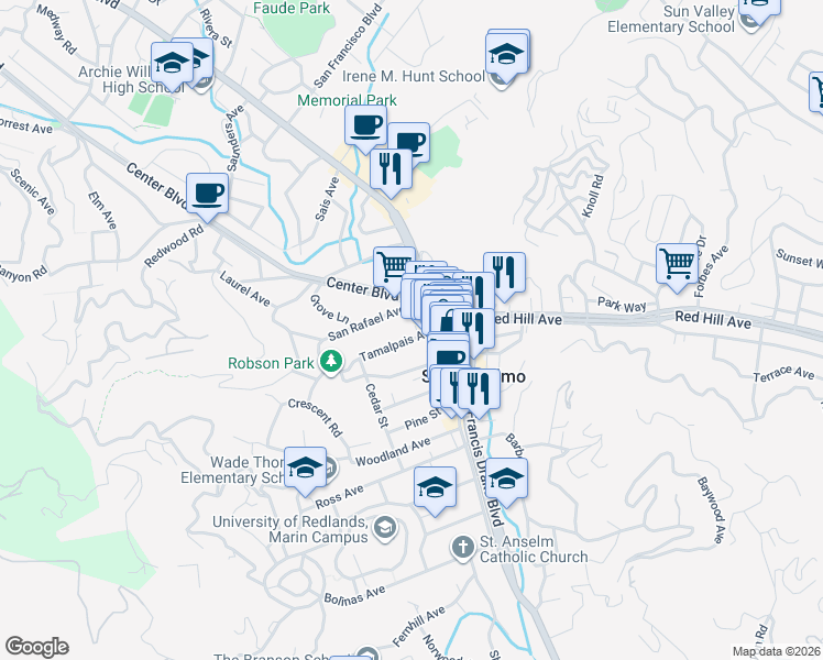 map of restaurants, bars, coffee shops, grocery stores, and more near 20 Tamalpais Avenue in San Anselmo