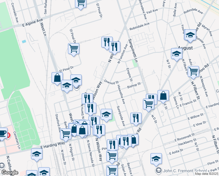 map of restaurants, bars, coffee shops, grocery stores, and more near 1936 North Funston Avenue in Stockton
