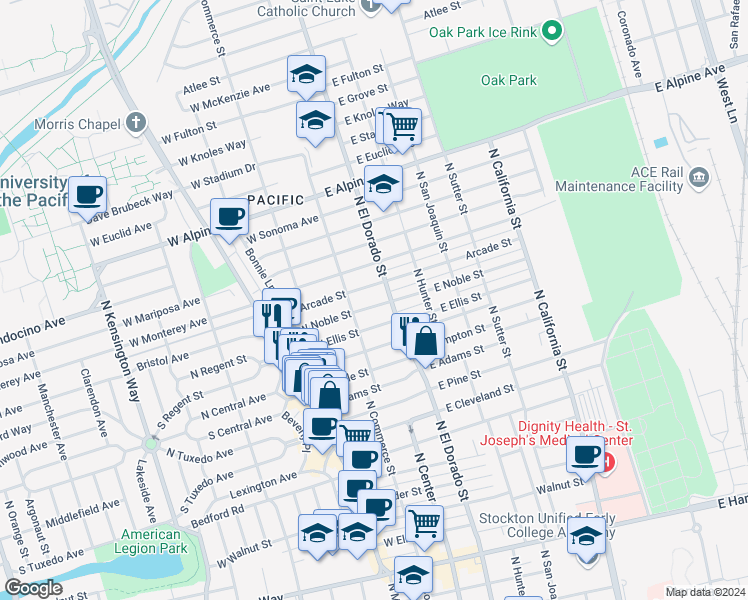 map of restaurants, bars, coffee shops, grocery stores, and more near 43 East Noble Street in Stockton