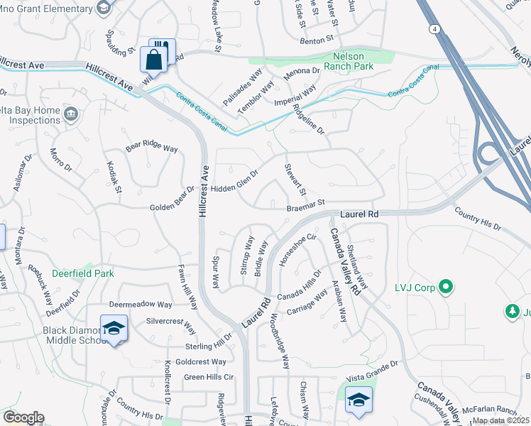 map of restaurants, bars, coffee shops, grocery stores, and more near 4835 Braemar Street in Antioch