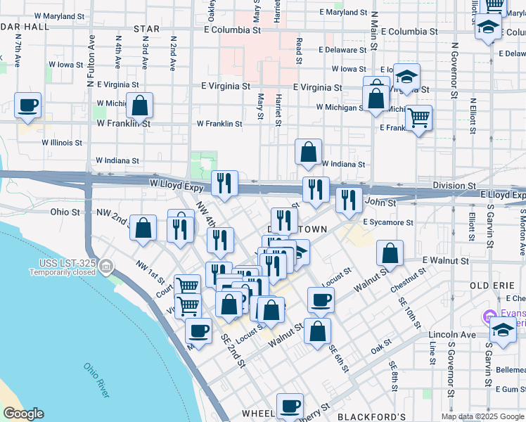 map of restaurants, bars, coffee shops, grocery stores, and more near 200 222 Northwest Martin Luther King Junior Boulevard in Evansville