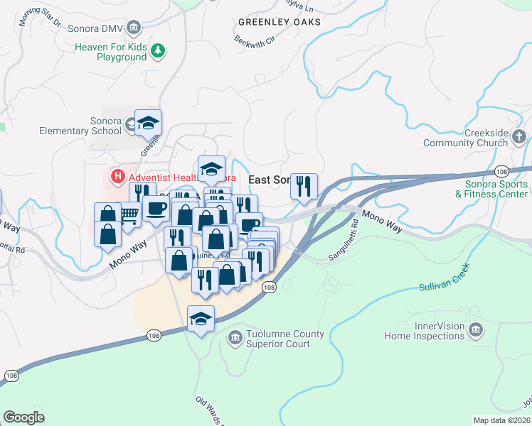 map of restaurants, bars, coffee shops, grocery stores, and more near 1081-1231 Sonora Pass Hwy in Sonora