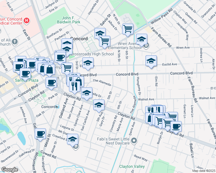 map of restaurants, bars, coffee shops, grocery stores, and more near 1626 Deardorff Lane in Concord