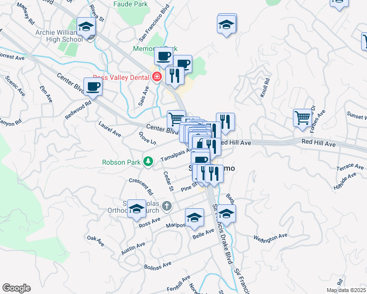 map of restaurants, bars, coffee shops, grocery stores, and more near in San Anselmo
