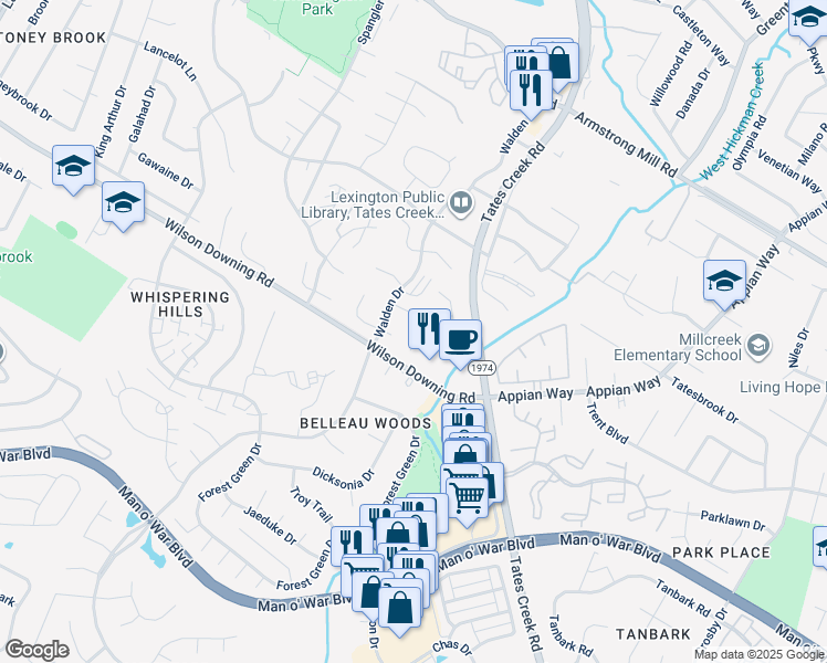 map of restaurants, bars, coffee shops, grocery stores, and more near 3883 Sugar Creek Drive in Lexington