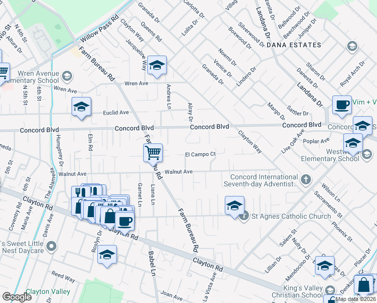 map of restaurants, bars, coffee shops, grocery stores, and more near 3712 El Campo Court in Concord