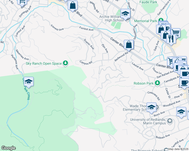 map of restaurants, bars, coffee shops, grocery stores, and more near 118 Allyn Avenue in San Anselmo