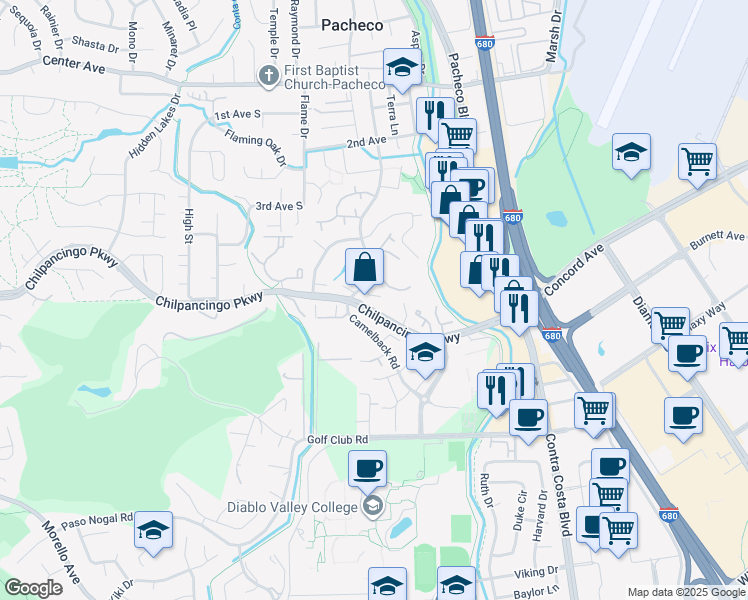 map of restaurants, bars, coffee shops, grocery stores, and more near 385 Camelback Road in Pleasant Hill