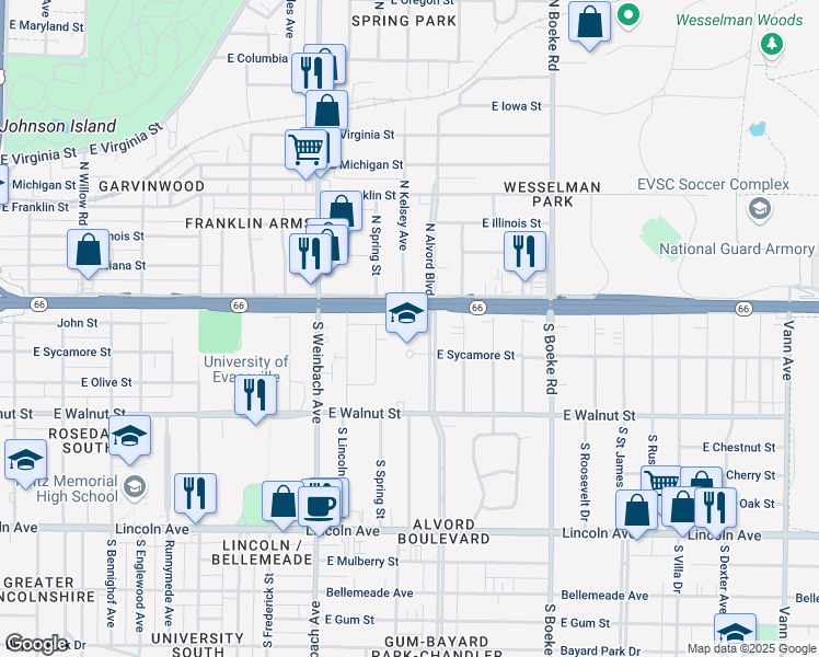 map of restaurants, bars, coffee shops, grocery stores, and more near 21 South Alvord Boulevard in Evansville
