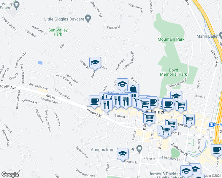 map of restaurants, bars, coffee shops, grocery stores, and more near 309 G Street in San Rafael