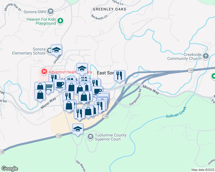 map of restaurants, bars, coffee shops, grocery stores, and more near 1081-1231 Sonora Pass Hwy in Sonora