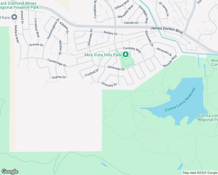 map of restaurants, bars, coffee shops, grocery stores, and more near 2425 Grimsby Drive in Antioch