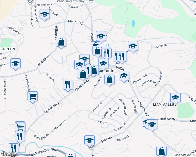 map of restaurants, bars, coffee shops, grocery stores, and more near 4140 Fran Way in Richmond