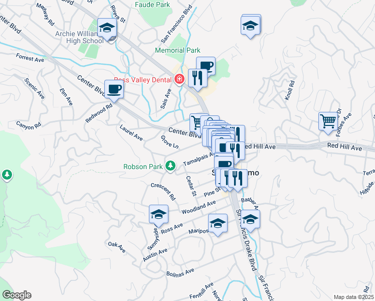 map of restaurants, bars, coffee shops, grocery stores, and more near 45 San Rafael Avenue in San Anselmo
