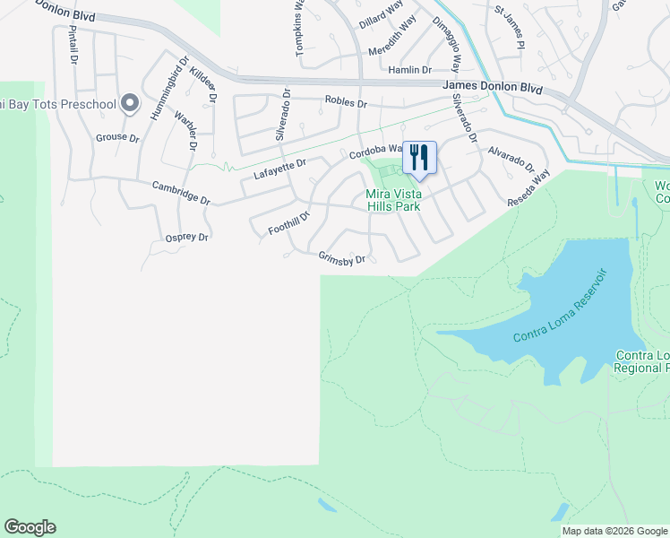 map of restaurants, bars, coffee shops, grocery stores, and more near 2429 Grimsby Drive in Antioch
