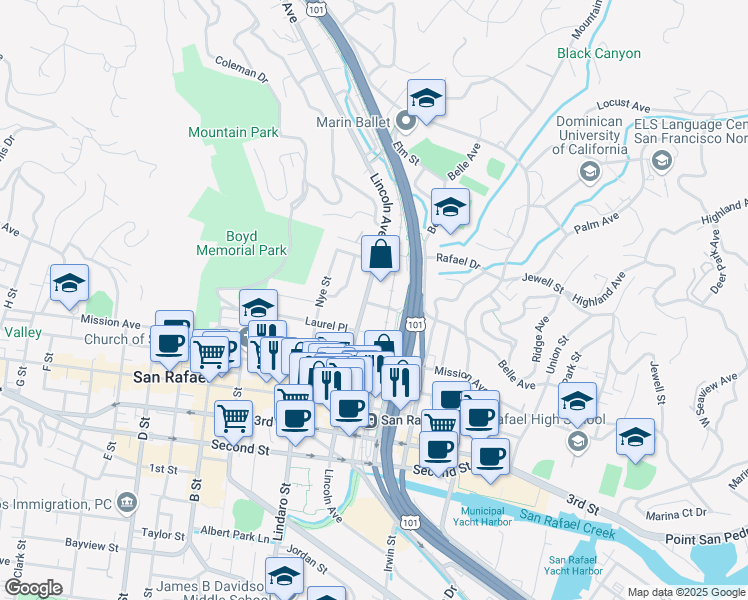 map of restaurants, bars, coffee shops, grocery stores, and more near 1310 Lincoln Avenue in San Rafael