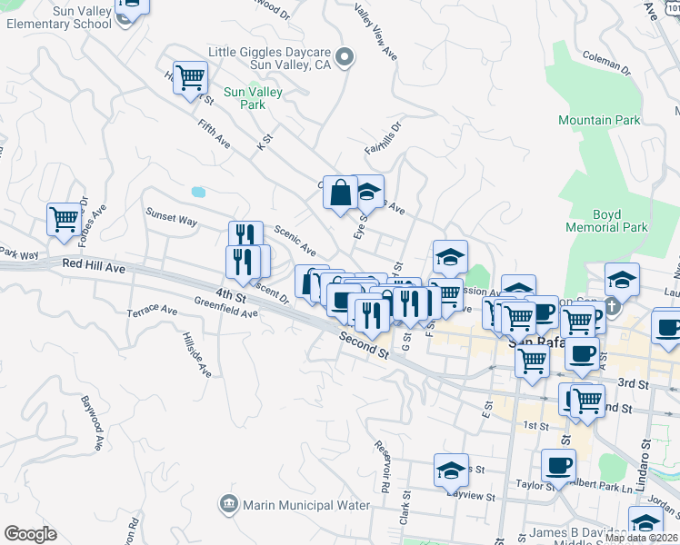 map of restaurants, bars, coffee shops, grocery stores, and more near 100 Bayo Vista Way in San Rafael