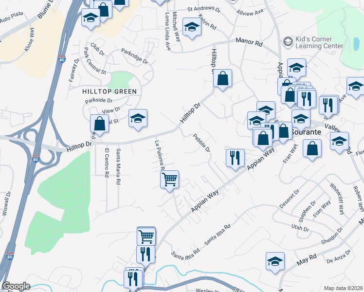 map of restaurants, bars, coffee shops, grocery stores, and more near 4610 White Sands Court in El Sobrante