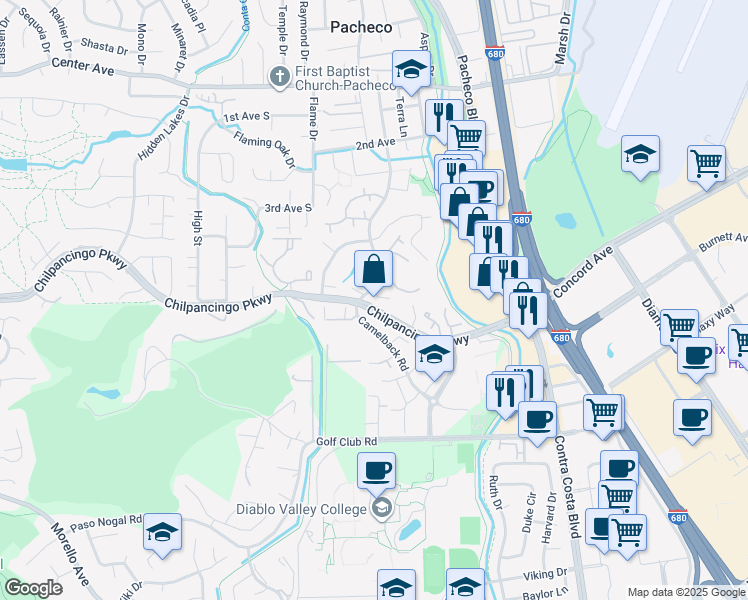 map of restaurants, bars, coffee shops, grocery stores, and more near 375 Camelback Road in Pleasant Hill