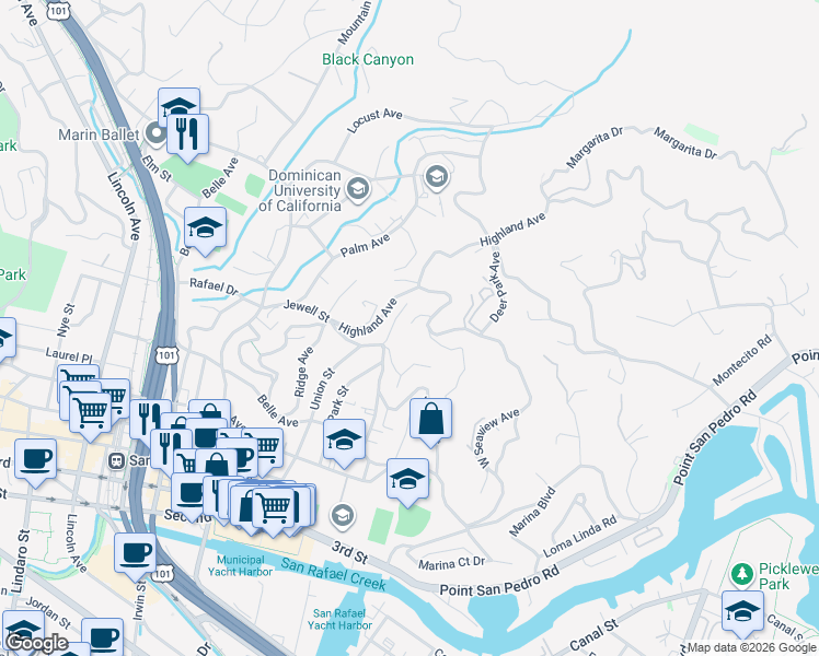 map of restaurants, bars, coffee shops, grocery stores, and more near 60 Deer Park Avenue in San Rafael
