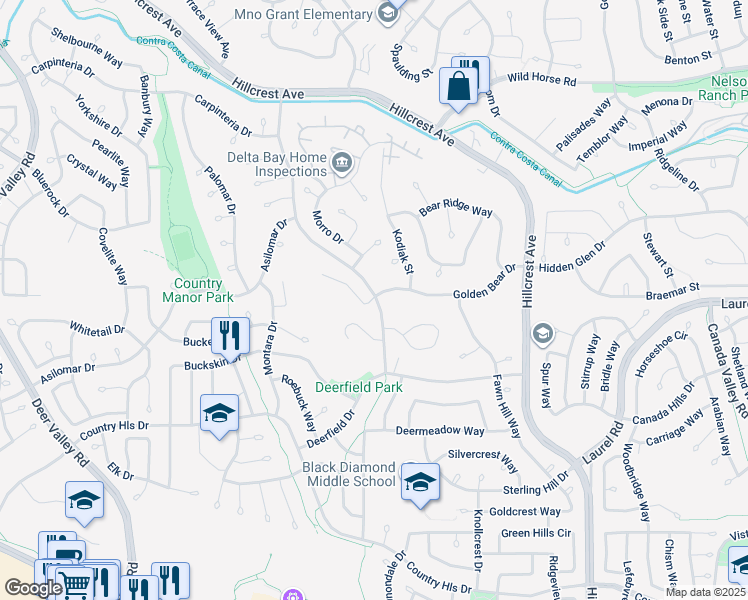 map of restaurants, bars, coffee shops, grocery stores, and more near 4384 Via Dora Drive in Antioch