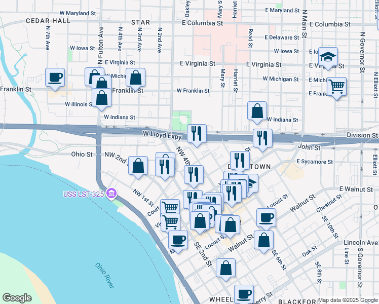 map of restaurants, bars, coffee shops, grocery stores, and more near 409 Ingle St in Evansville