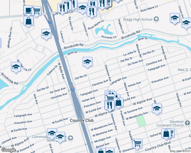 map of restaurants, bars, coffee shops, grocery stores, and more near 2317 Christina Avenue in Stockton
