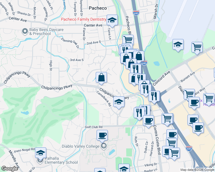 map of restaurants, bars, coffee shops, grocery stores, and more near 395 Camelback Road in Pleasant Hill