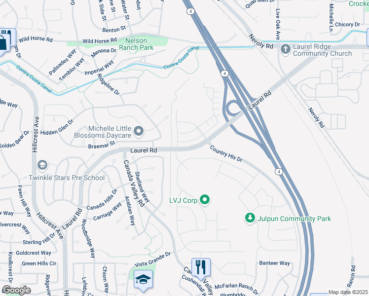 map of restaurants, bars, coffee shops, grocery stores, and more near Laurel Road in Antioch