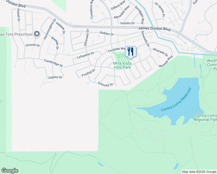 map of restaurants, bars, coffee shops, grocery stores, and more near 2417 Grimsby Drive in Antioch