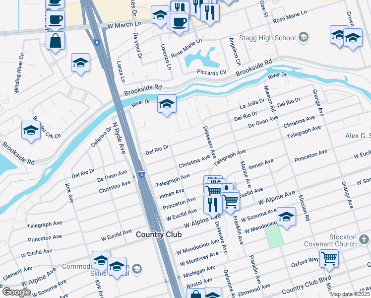 map of restaurants, bars, coffee shops, grocery stores, and more near 2317 Christina Avenue in Stockton
