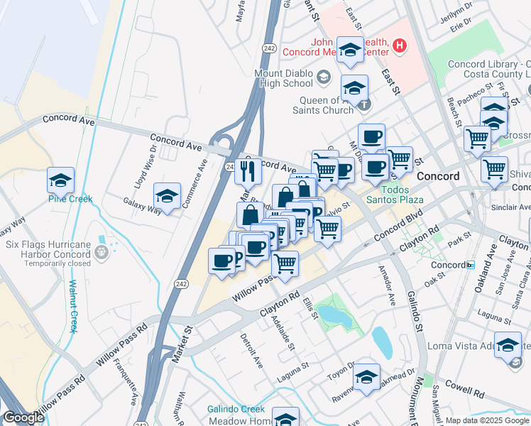 map of restaurants, bars, coffee shops, grocery stores, and more near 1655 Sutter Street in Concord