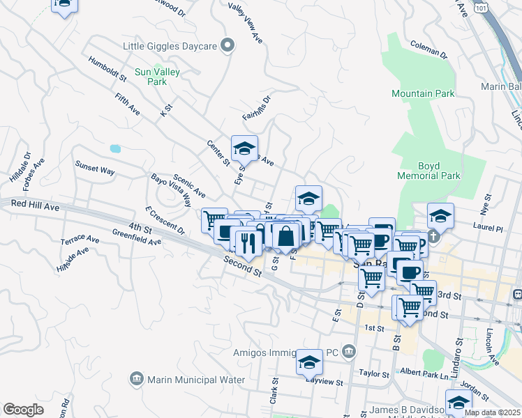 map of restaurants, bars, coffee shops, grocery stores, and more near 1721 Mission Avenue in San Rafael