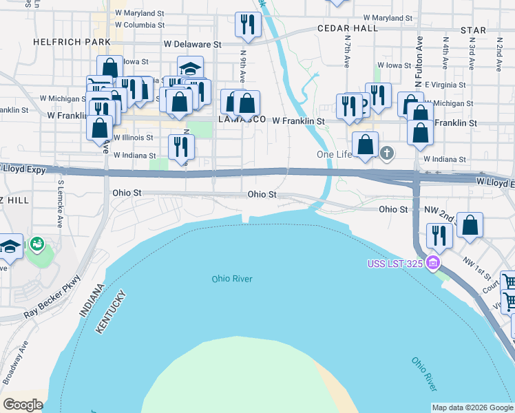 map of restaurants, bars, coffee shops, grocery stores, and more near 1830 Ohio St in Evansville