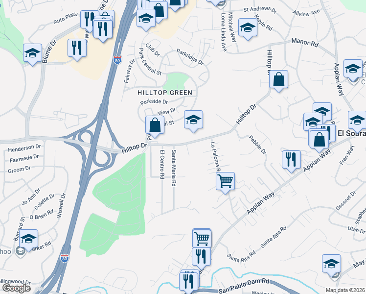 map of restaurants, bars, coffee shops, grocery stores, and more near 749 El Patio Road in El Sobrante
