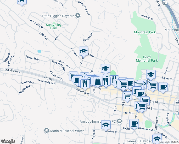 map of restaurants, bars, coffee shops, grocery stores, and more near 1721 Mission Avenue in San Rafael