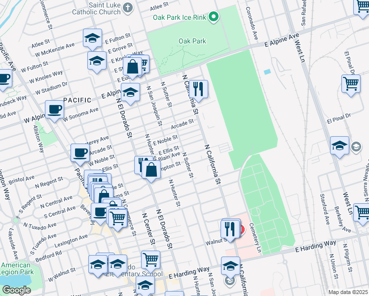 map of restaurants, bars, coffee shops, grocery stores, and more near 400 East Ellis Street in Stockton