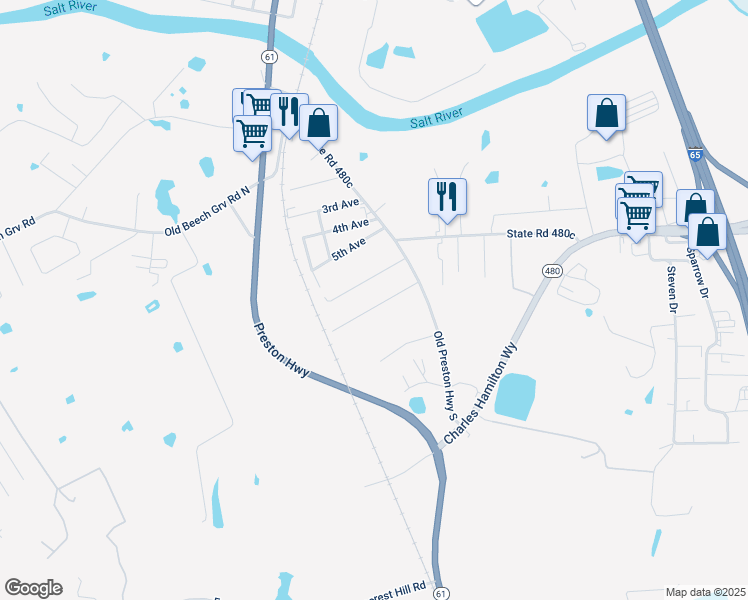 map of restaurants, bars, coffee shops, grocery stores, and more near 202 7th Avenue in Shepherdsville