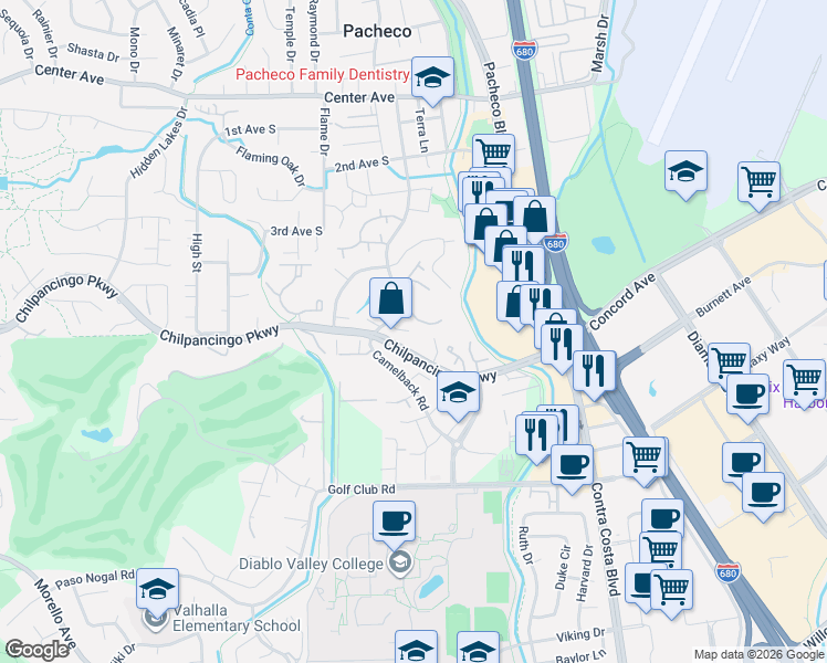 map of restaurants, bars, coffee shops, grocery stores, and more near 250 Chilpancingo Parkway in Pleasant Hill