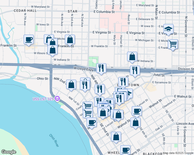 map of restaurants, bars, coffee shops, grocery stores, and more near 420 Northwest 5th Street in Evansville