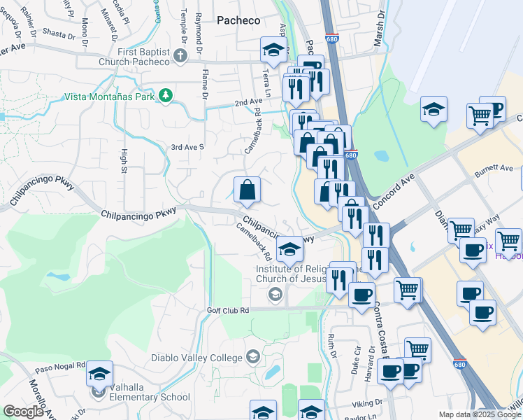 map of restaurants, bars, coffee shops, grocery stores, and more near 395 Camelback Road in Pleasant Hill