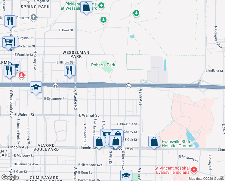 map of restaurants, bars, coffee shops, grocery stores, and more near 2814 East Sycamore Street in Evansville
