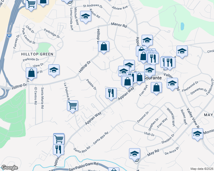 map of restaurants, bars, coffee shops, grocery stores, and more near 6000 Sunhill Circle in El Sobrante