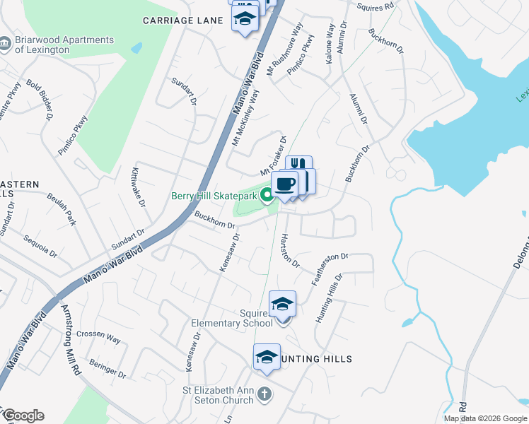 map of restaurants, bars, coffee shops, grocery stores, and more near 3305 Alva Court in Lexington