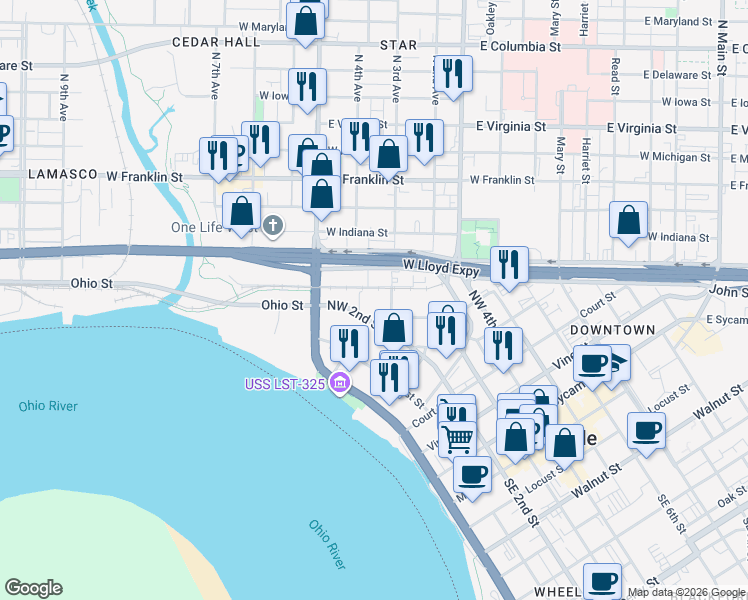 map of restaurants, bars, coffee shops, grocery stores, and more near 601 Northwest 2nd Street in Evansville
